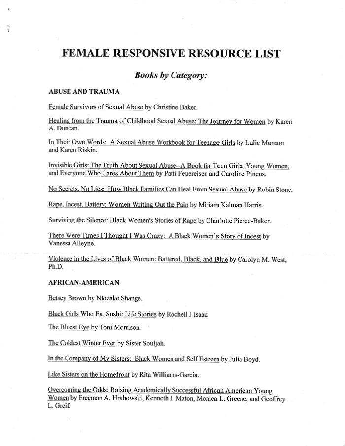 Female Responsive Resource List